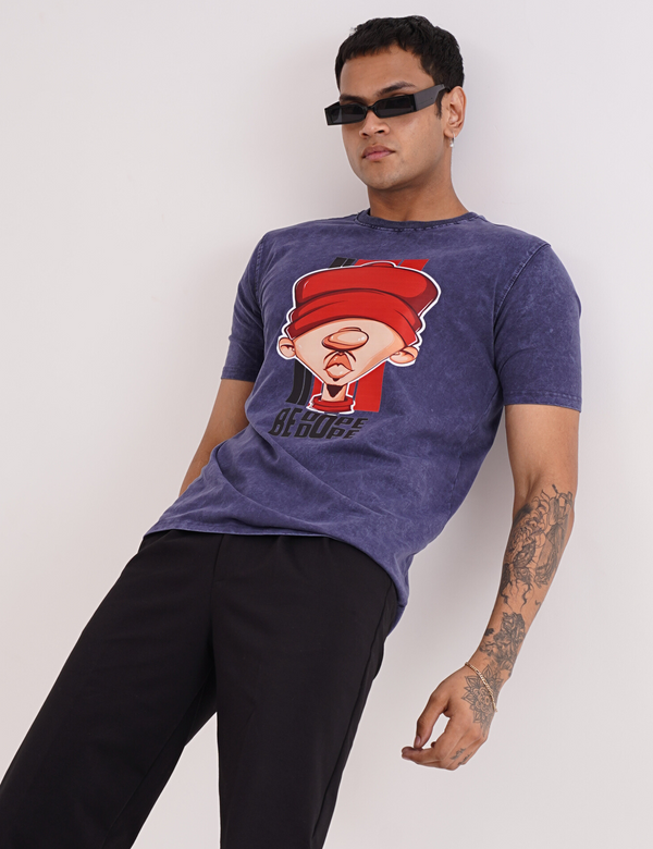 Model wearing Acid wash tee, front view